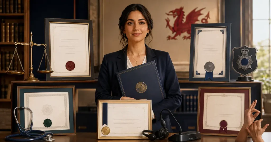 Interpreter qualifications in the UK represented by diplomas for legal, police, healthcare, conference and BSL interpreting